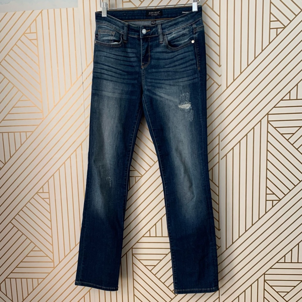 Judy Blue Midrise Straight Fit Jeans dark wash distressed distressing 5 / 27
